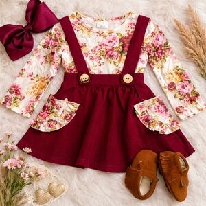 Girls Floral Suspender Dress Jumper Outfit Burgundy & Cream